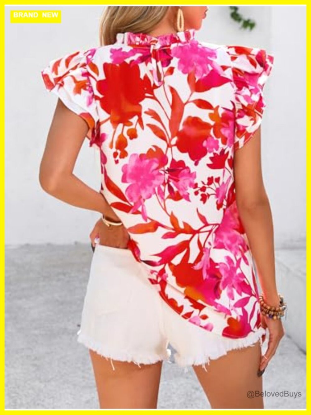 Ruffle Short Sleeve Summer Top Floral Trim Chiffon Boho Blouse - Picture 4 of 6